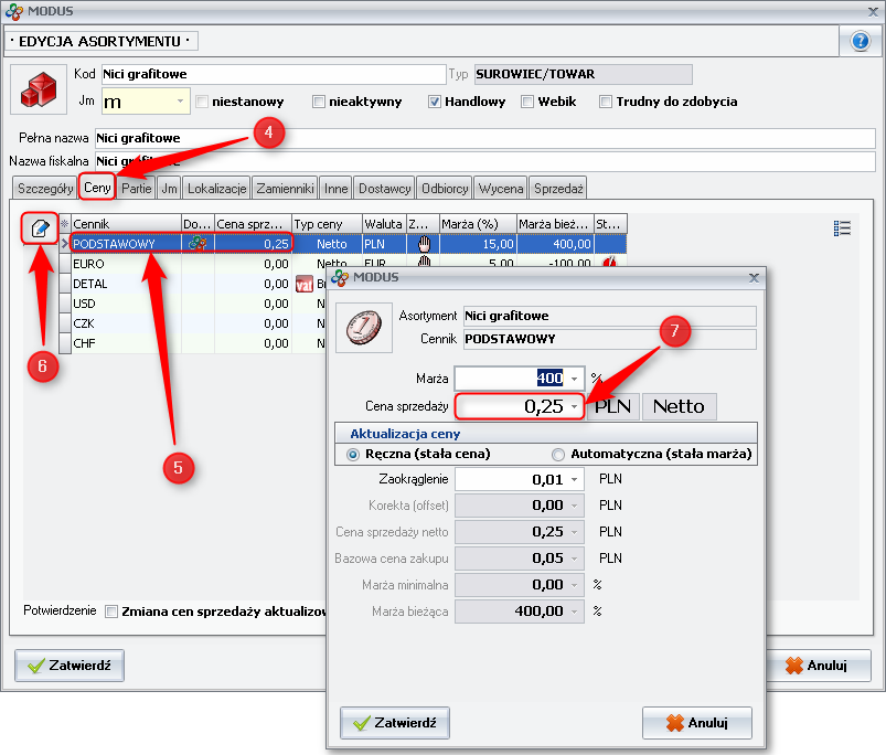 Ekran: Określanie ceny sprzedaży asortymentu (II sposób)