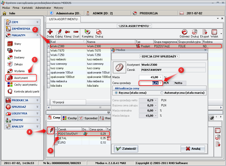 Ekran: Określanie ceny sprzedaży asortymentu (I sposób) 