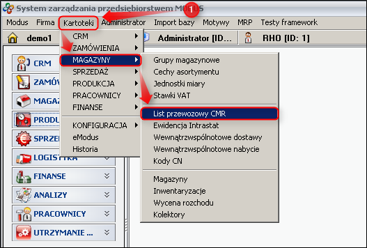 Ekran: Ewidencja dokumentów CMR