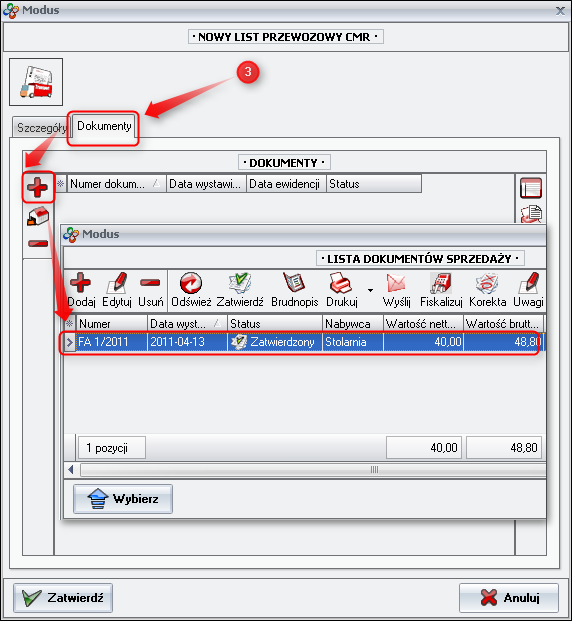 Ekran: Dodawanie dokumentów składających się na specyfikację listu przewozowego