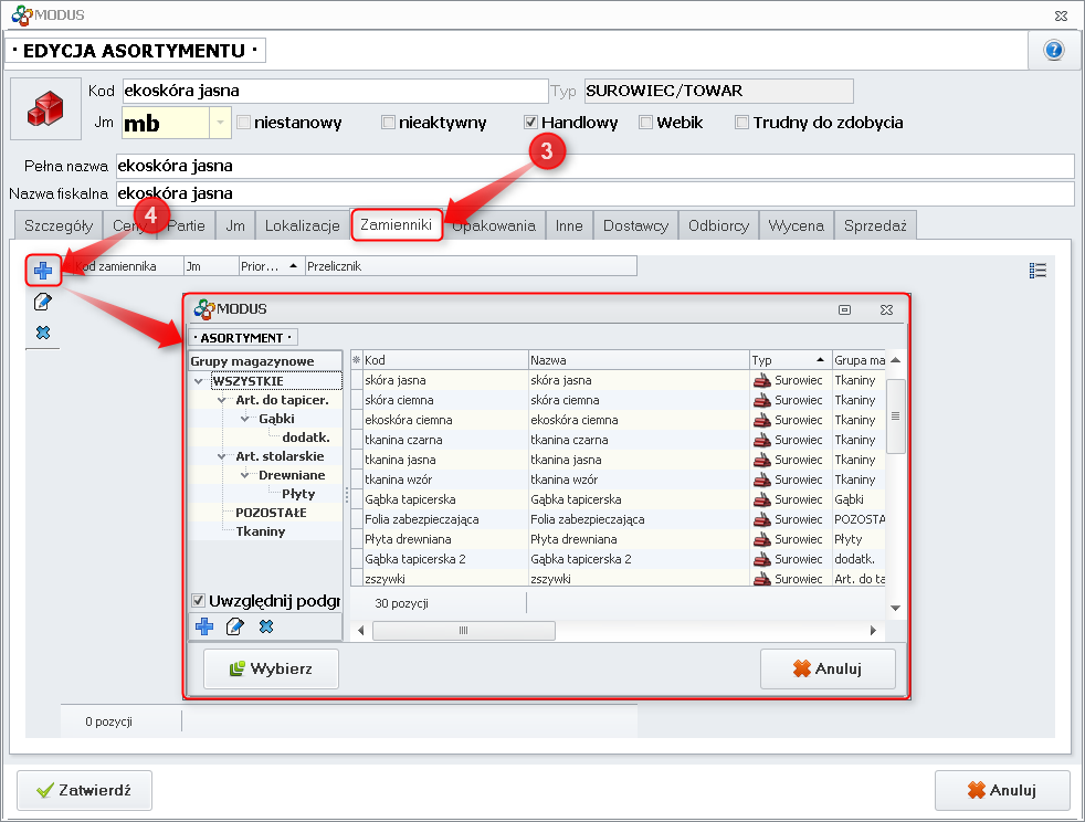 Ekran: Wskazanie asortymentu który ma być zamiennikiem  