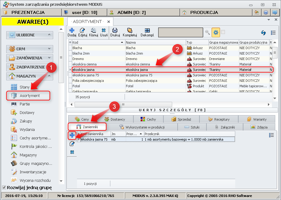 Ekran: Definiowanie zamiennika  