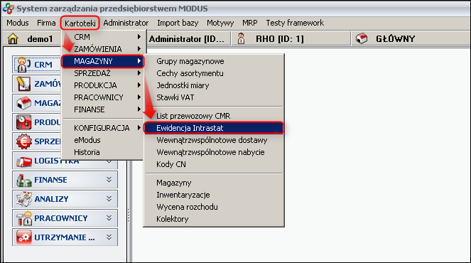 Ekran: Ewidencja Intrastat