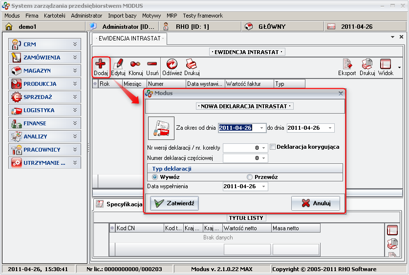 Ekran: Deklaracja Intrastat