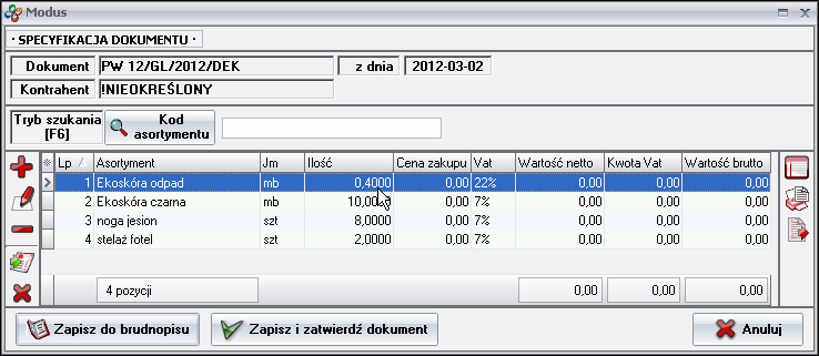 Ekran: Specyfikacja dekompletacji 