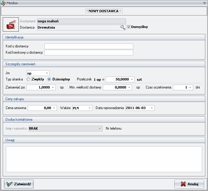 Ekran: Definiowanie parametrów związanych z dostawą od wybranego dostawcy 