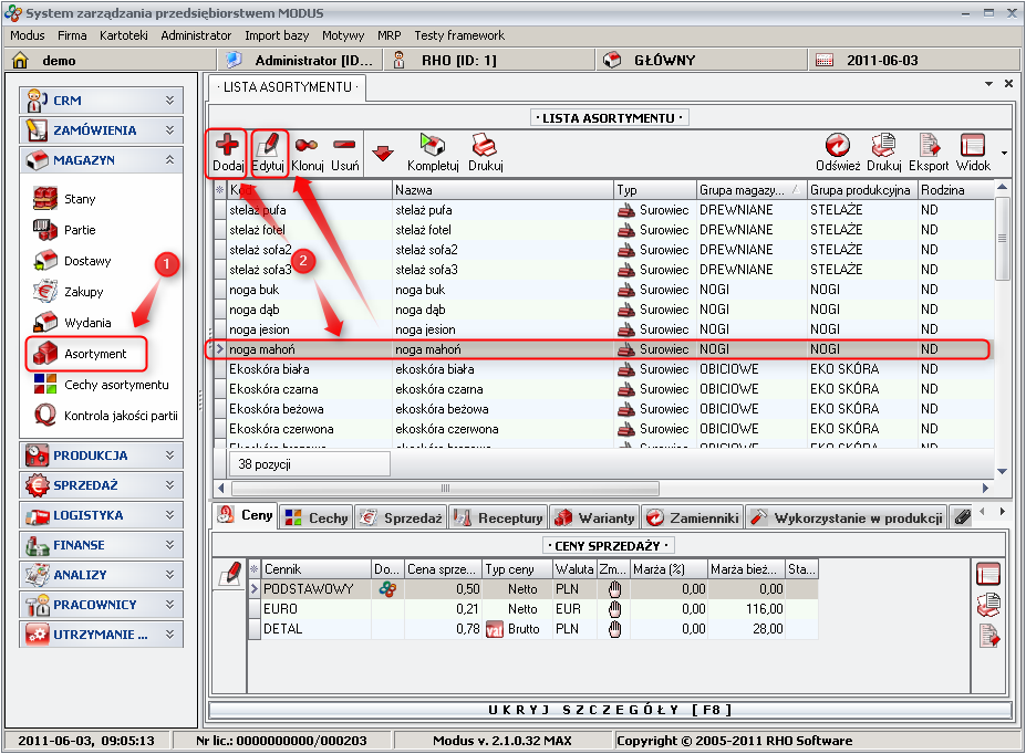 Ekran: Przypisywanie dostawcy asortymentu 