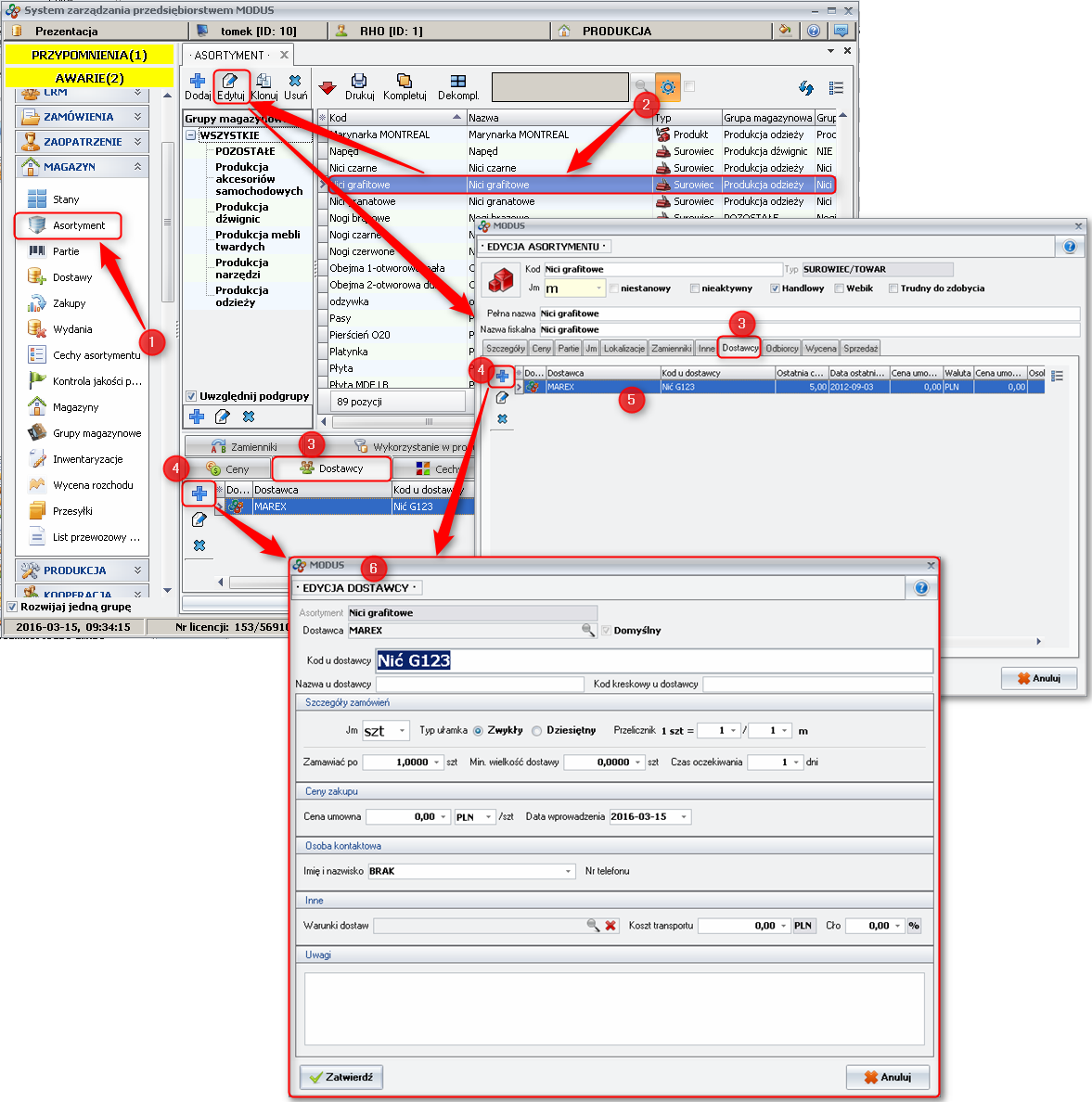 Ekran: Przypisywanie dostawcy asortymentu 