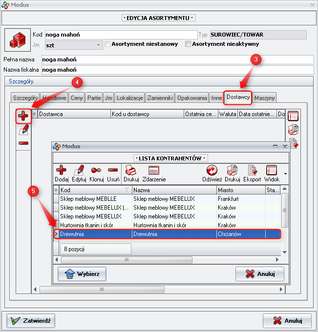 Ekran: Wybór konkretnego dostawcy asortymentu 