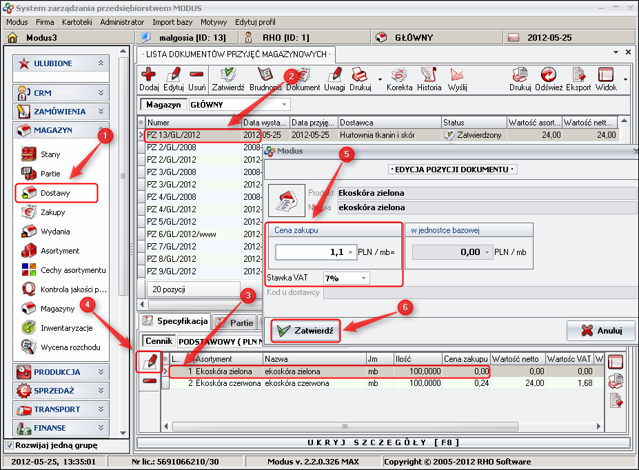 Ekran: Edycja ceny zakupu 