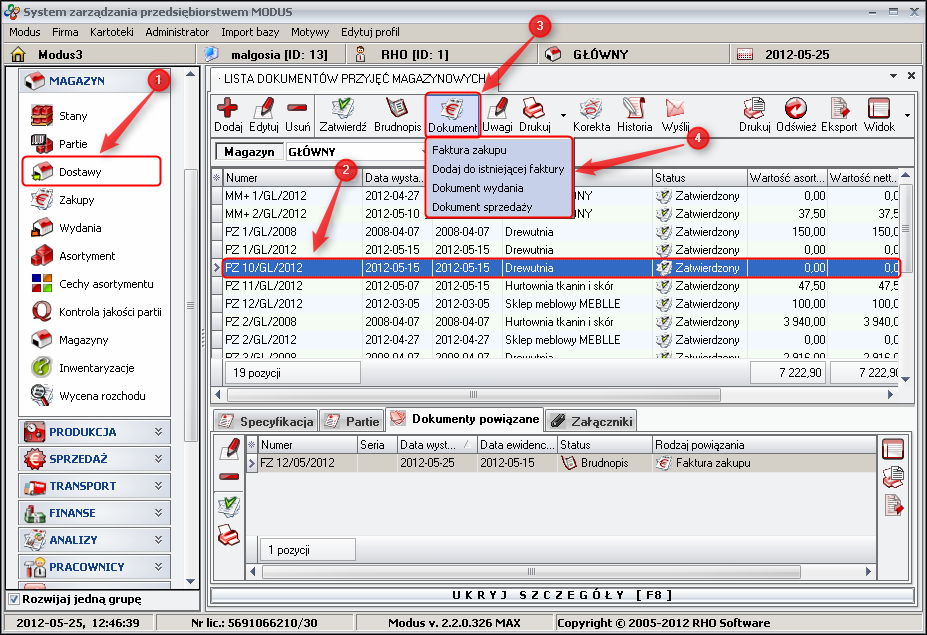 Ekran: Generowanie dokumentu na podstawie PZ 