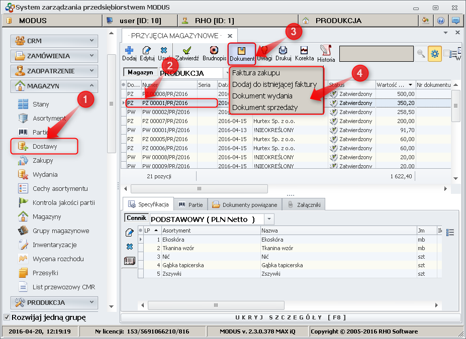 Ekran: Generowanie dokumentu na podstawie PZ 