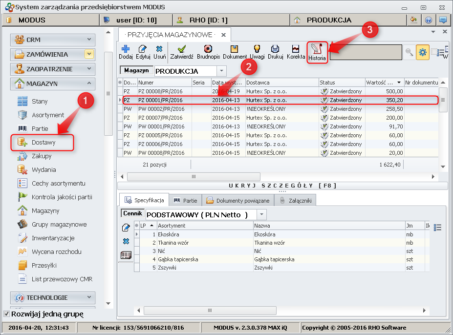 Ekran: Historia partii asortymentu przyjętego dokumentem 