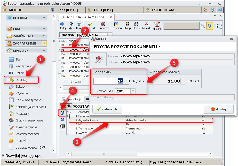 Ekran: Edycja ceny zakupu 