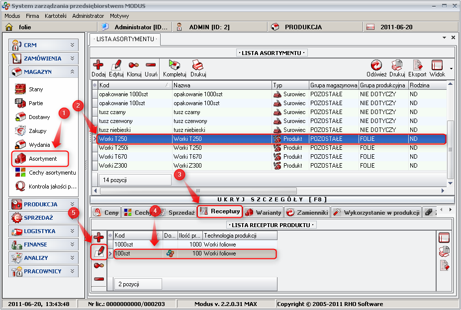 Ekran: Edycja receptury 