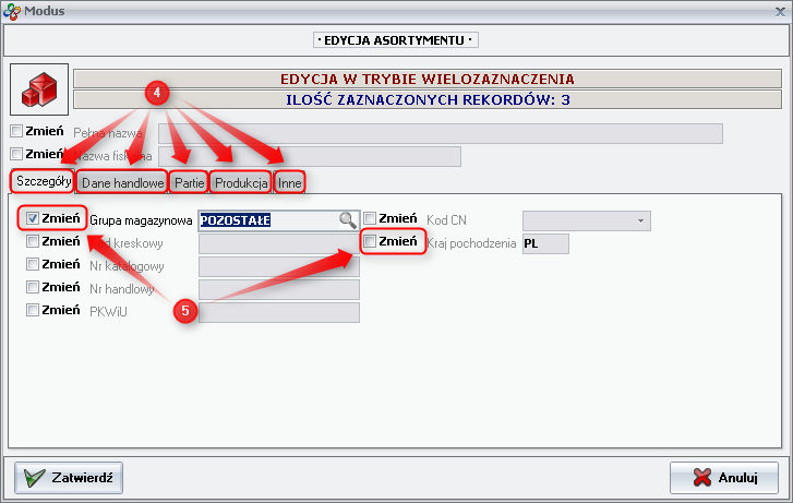 Ekran: Edycja asortymentów 