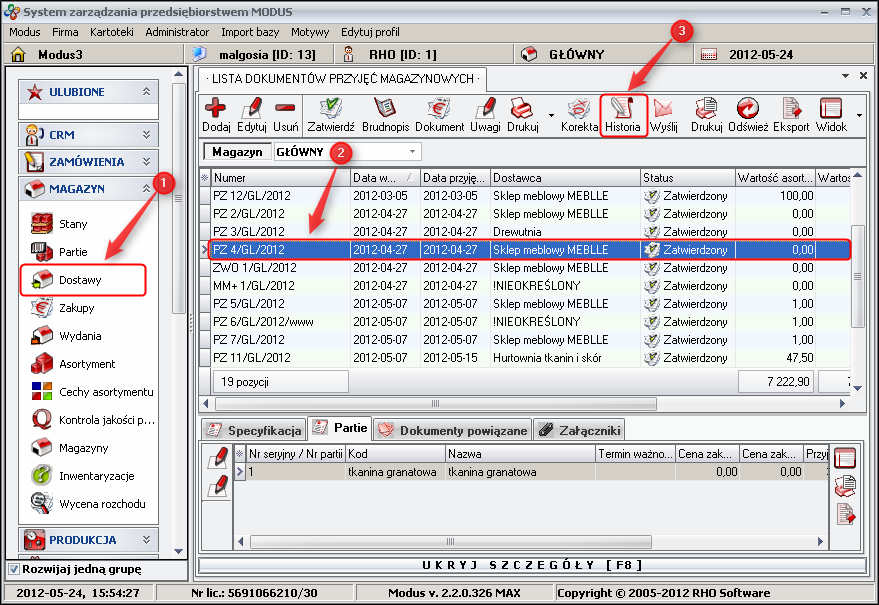Ekran: Historia partii asortymentu przyjętego dokumentem 