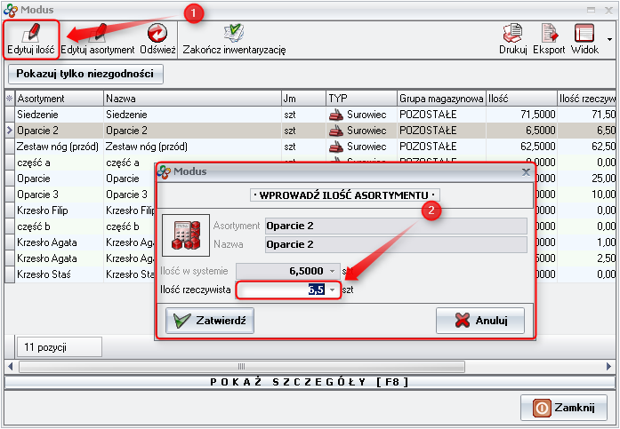 Ekran:  Inwentaryzowany asortyment