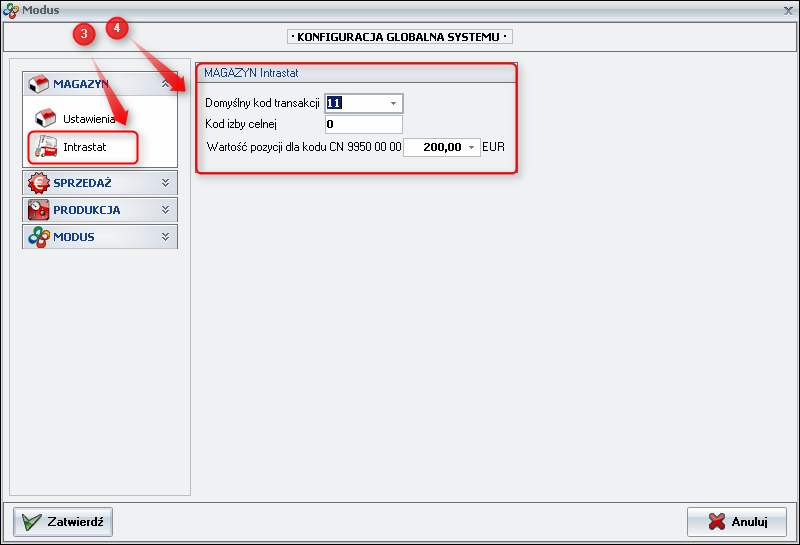 Ekran: Konfiguracja Intrastatu - pola do uzupełnienia 