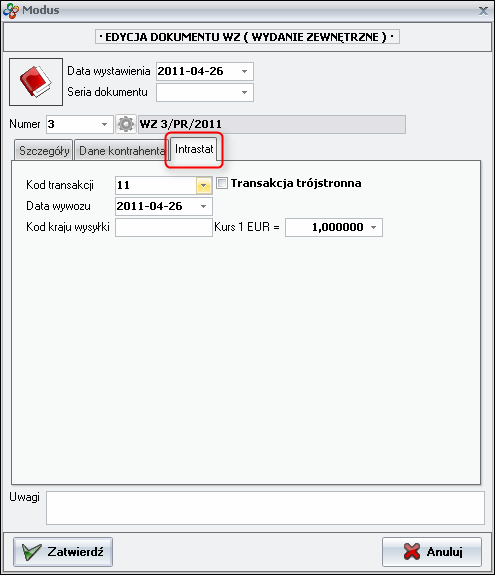 Ekran: Kontrahenci - intrastat 