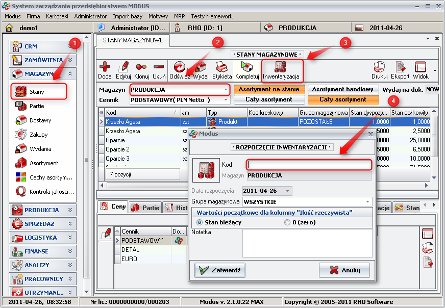 Ekran:  Kod inwentaryzacji