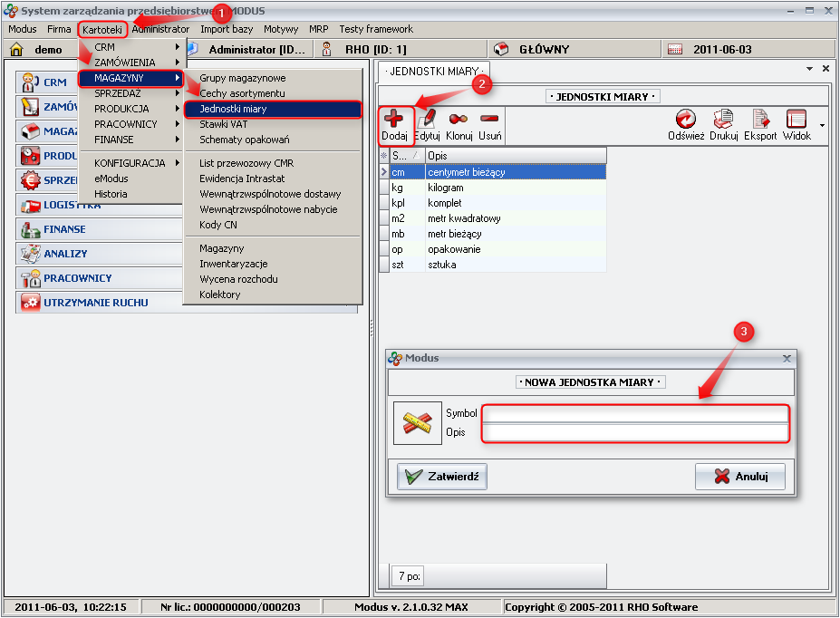 Ekran: Dodawanie własnej jednostki miary 