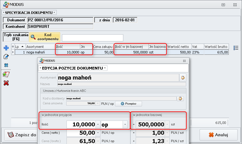 Ekran: Jednostka miary na przyjęciu 