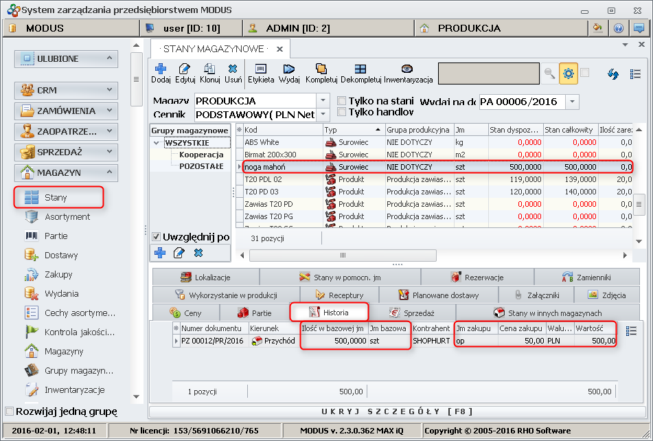 Ekran: Jednostki miary w stanach magazynowych 