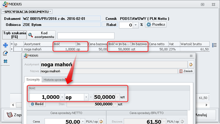 Ekran: Jednostka miary na wydaniu 