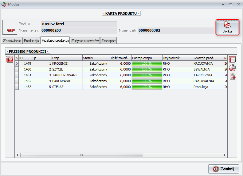 Ekran:Drukowanie karty produktu  