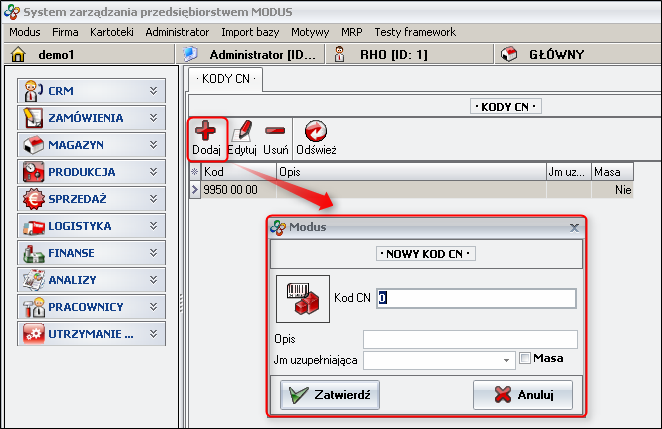 Ekran: Dodawanie kodów CN