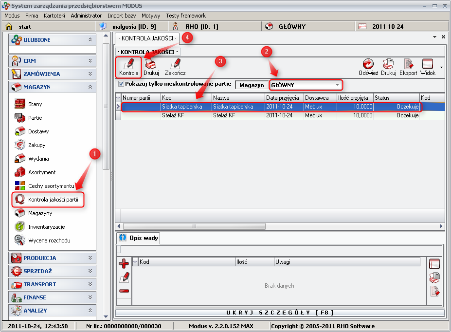 Ekran: Kontrola przyjętej partii