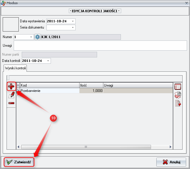 Ekran: Dodanie kolejnej wady