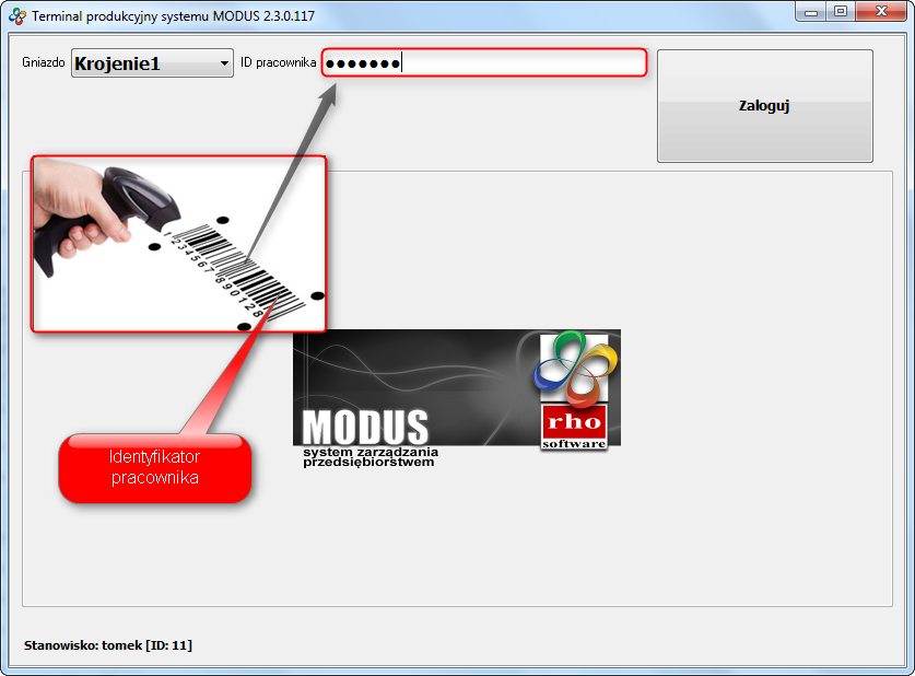 Ekran: Logowanie do terminala produkcyjnego z wykorzystaniem czytnika kodów kreskowych