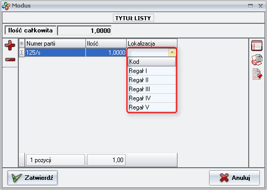 Ekran: Wybór lokalizacji w czasie przyjęcia asortymentu 
