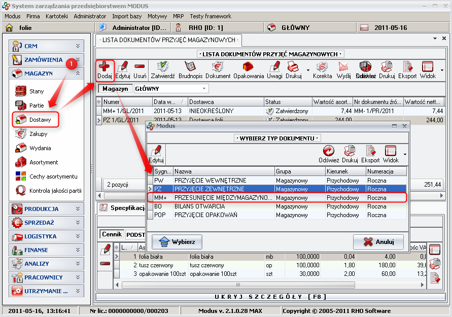 Ekran: Generowanie dokumentu MM+  