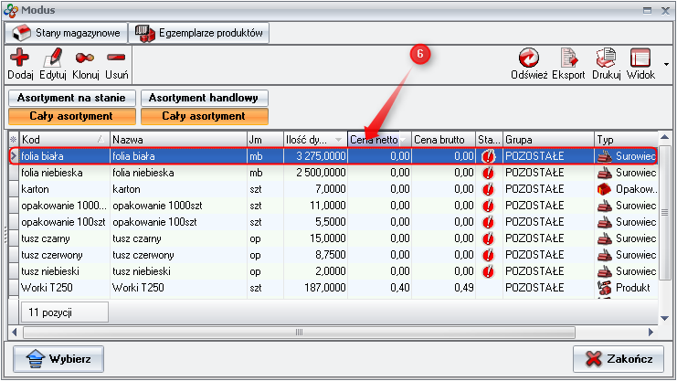 Ekran: Wybór asortymentu