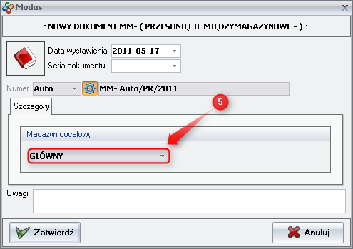 Ekran: Wybór magazynu docelowego