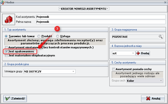 Screen: Assortment card index of the returnable package 
