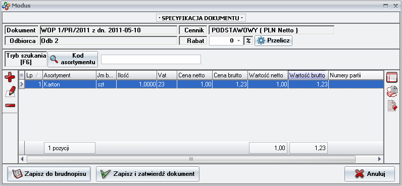 Screen: Specification of the package release document wydania 
