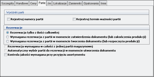 Ekran: Opcje partii magazynowych 
