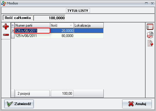 Ekran: Wprowadzenie numeru/numerów partii asortymentu 