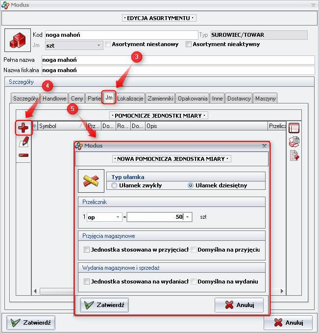 Ekran: Definiowanie przelicznika jednostki pomocniczej 