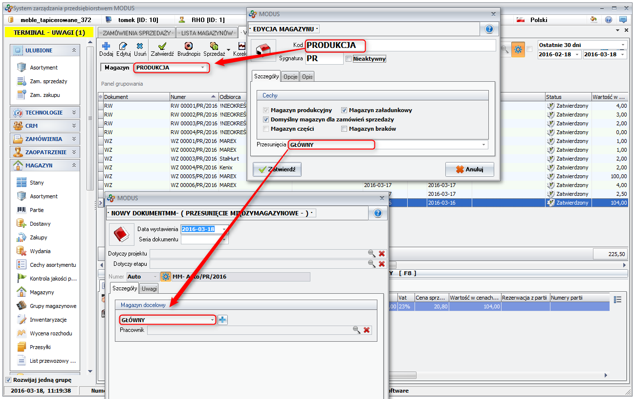 Ekran: Domyślny magazyn przy przesunięciu 
