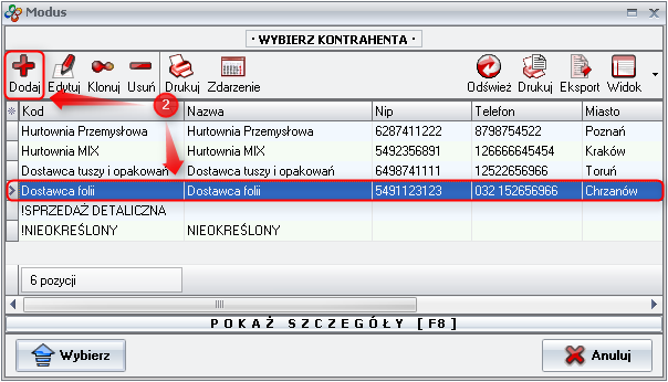 Ekran: Wybór kontrahenta 