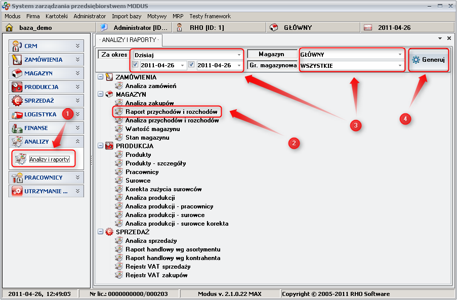 Ekran: Generowanie raportu przychodów i rozchodów 
