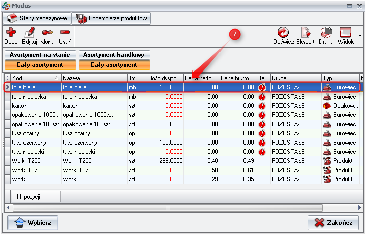 Ekran: Wybór wydawanego asortymentu
