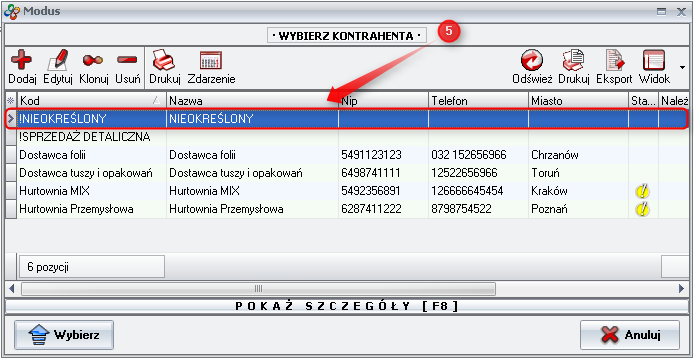 Ekran: Wybór kontrahenta