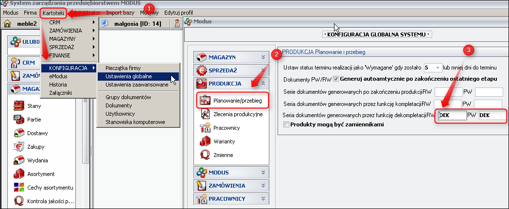 Ekran: Definiowanie serii dla dokumentów PW i RW  