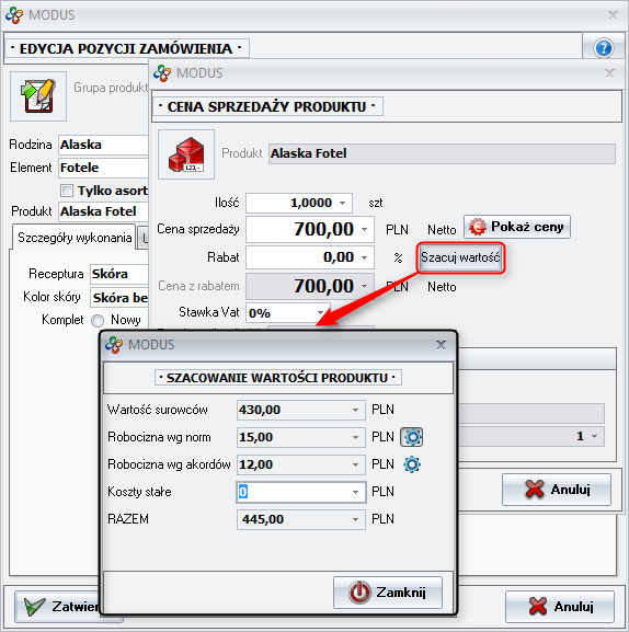 Ekran: Szacowanie kosztu produktu (Edycja pozycji zamówienia) 